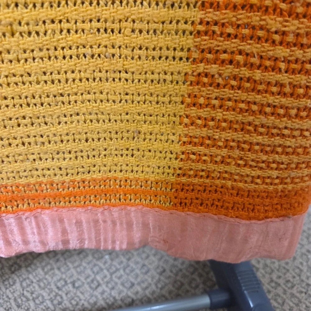 Vintage 70s Plaid Woven Blanket Orange Brown Blue Yellow Satin Trim 71x80 Large